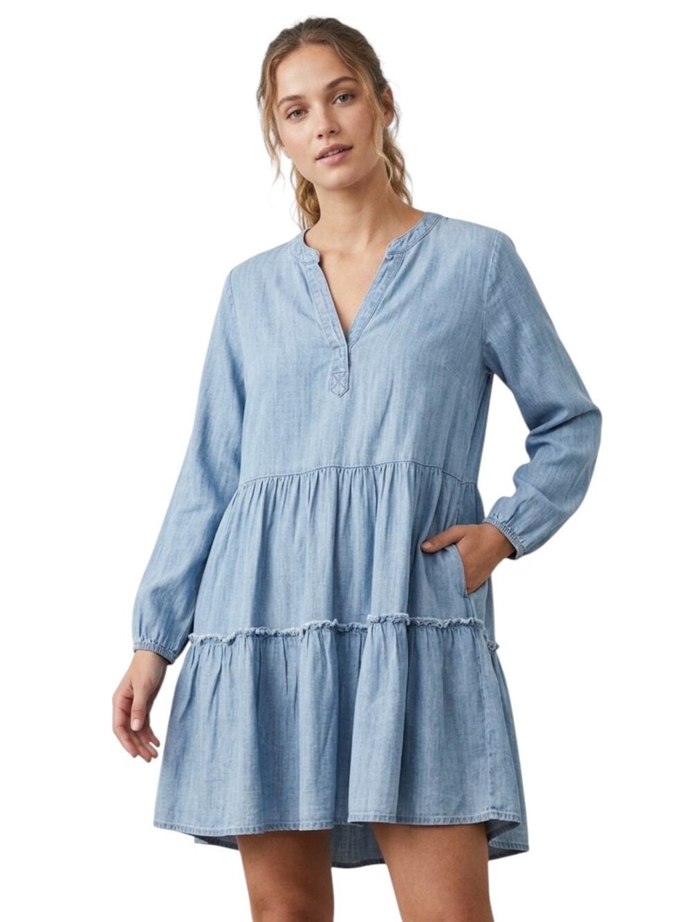Vineyard Vines Tiered Mini Dress Womens S Blue Chambray Split V-Neck Ruffle Hem